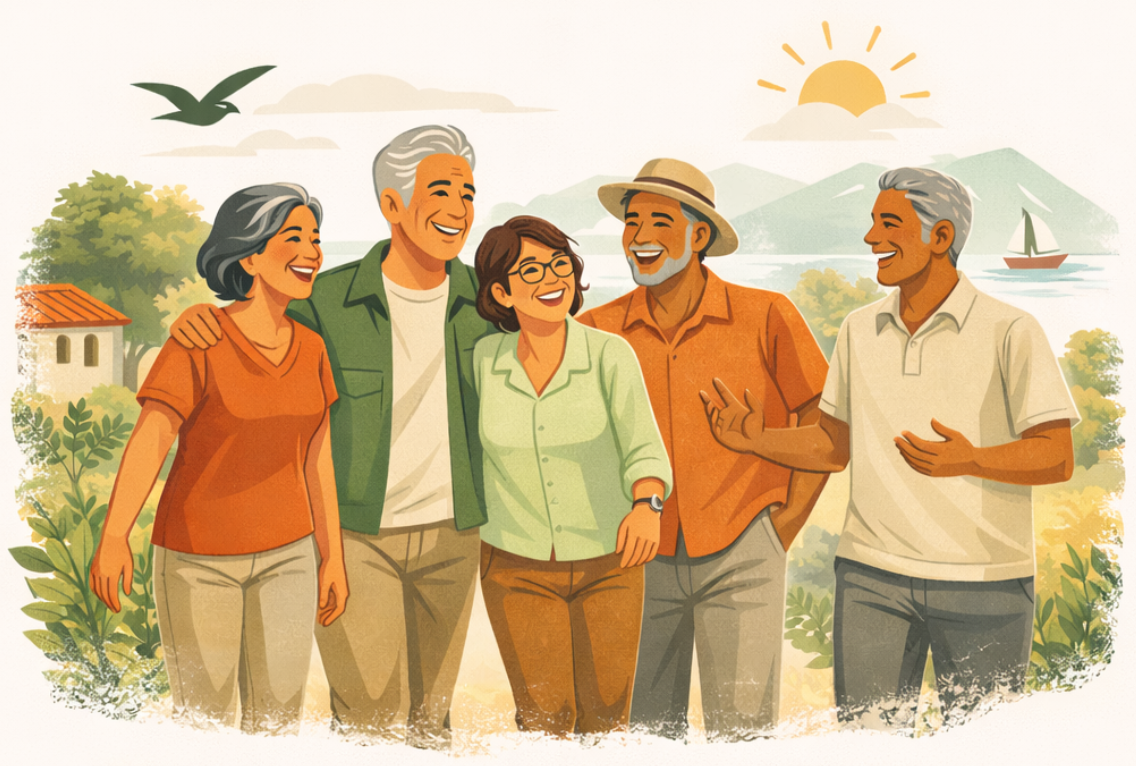 Adultos mayores compartiendo una experiencia positiva